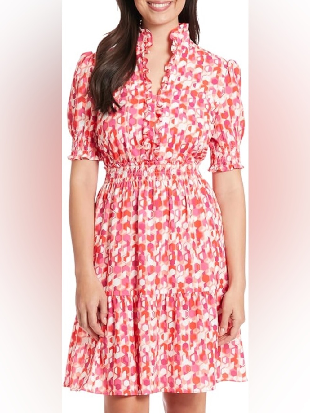 London Times Pink & Coral Geo Tiered Midi Dress